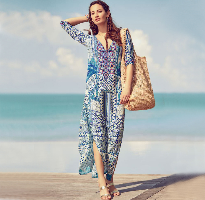 F4761 Boho Resort V Neck Women Shift Cover-Ups Beach Dresses